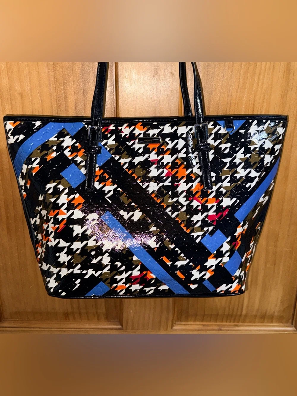 Nine West Black Patent Houndstooth Tote with Blue & Orange Accents & ID Wallet